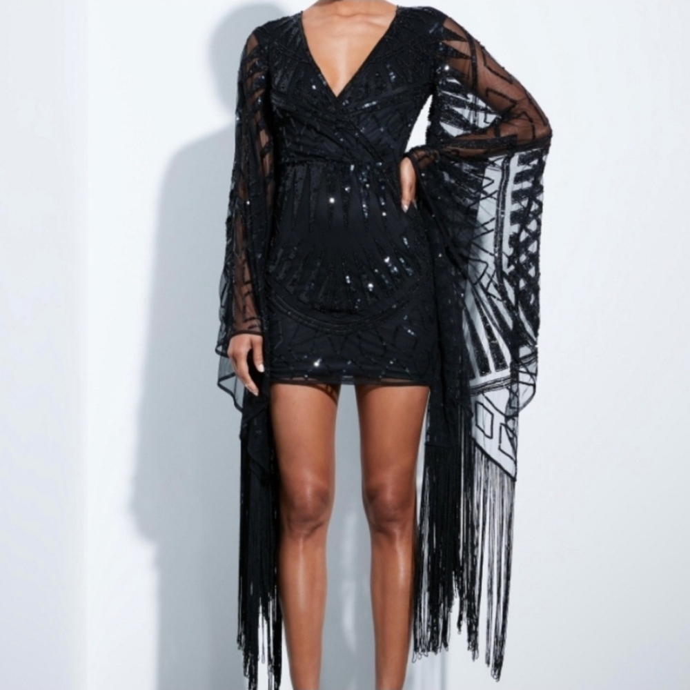Peace + Love black kimono embellished fringed mini dress
